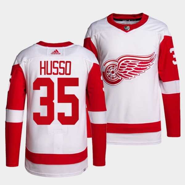 Men%27s Detroit Red Wings Authentic Primegreen #35 Ville Husso White Away Jersey Dzhi